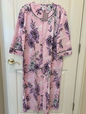 Miss Elaine Long Zip Robe Pink Floral Print Petite Large NWT